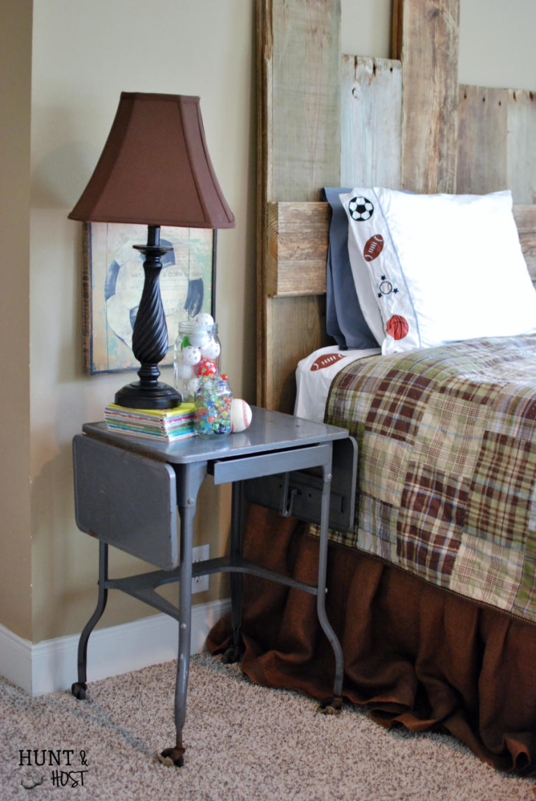 Plucked from obscurity. Thrifted to Décor. Being chosen. This grey metal typewriter table makes the perfect nightstand and is a reminder that we are seen. www.huntandhost.net