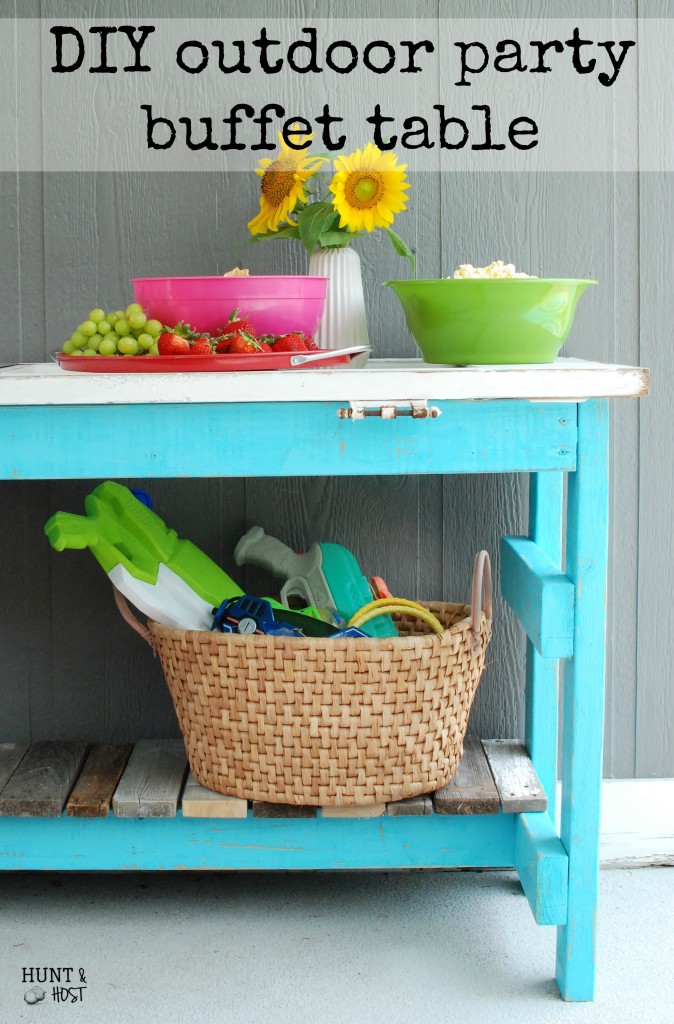 DIY outdoor party buffet in pool blue using...the kitchen sink! www.huntandhost.net