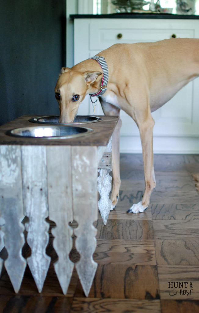 A DIY tutorial on how to make your own picket fence dog bowl station! www.huntandhost.net