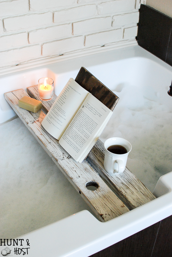 DIY tutorial for a bath tray with a book rest! This bath caddy will make your relaxing hot tub time even more luxurious!