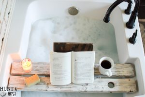 DIY tutorial for a bath tray with a book rest! This bath caddy will make your relaxing hot tub time even more luxurious!