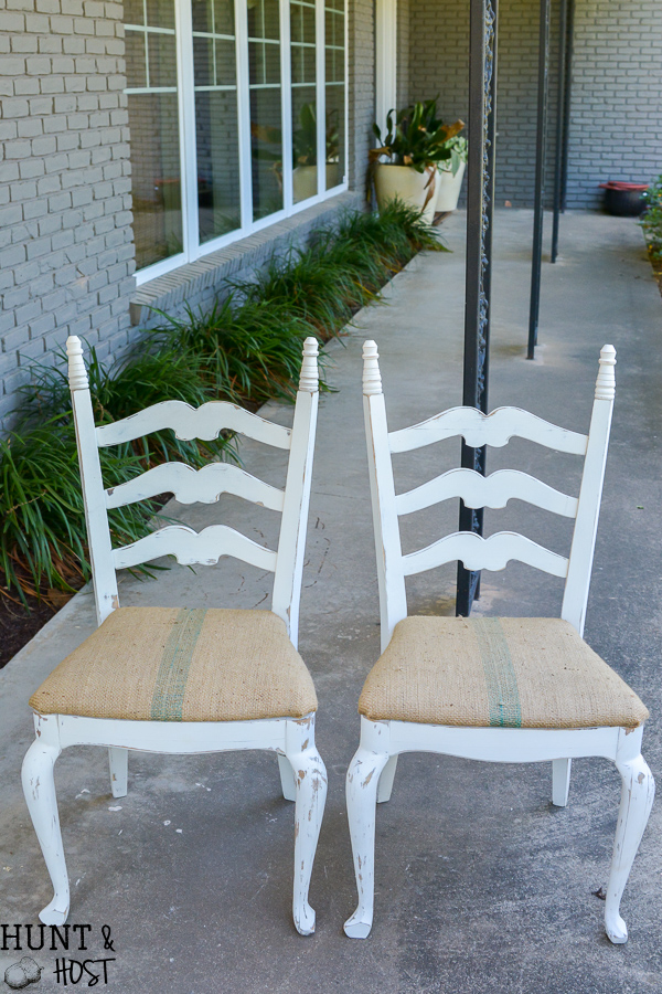 These chairs matched at one time, but one got cut down. This makeover gets them back to matching and adds height with finials. Coffee bean sack fabric is perfect for the new seat cushion.