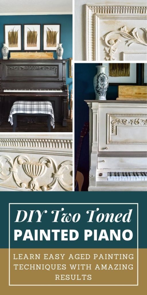 thinking about how to paint a piano or wondering, " Should I paint a pinao?" This two toned iano makeover is gorgeous and will encourage you to try this impactful painted furniture makeover even with an antique piano! Wait until you see the difference paint makes on this vintage piano! #furniturepainting #pianodecor #paintedfurnitureidea