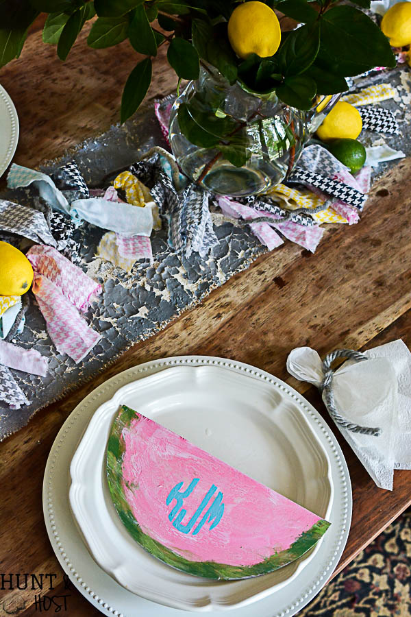 How cute is this lemon & watermelon summer tablescape? What a great summer decorating idea, especially with the DIY monogram for the kiddos! love the houndstooth garland and faux lemon tree arrangement.
