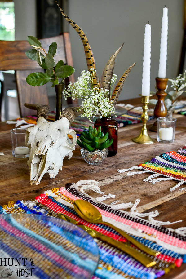 Boho table setting. Yes you can get awesome Boho décor on the cheap. Look at this cute table full of dollar store fall decorating accessories.