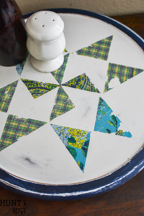 How to add a "quilt" to your old Lazy Susan to make it a fresh new Farmhouse Lazy Susan. Simple DIY tutorial for a different Lazy Susan idea!