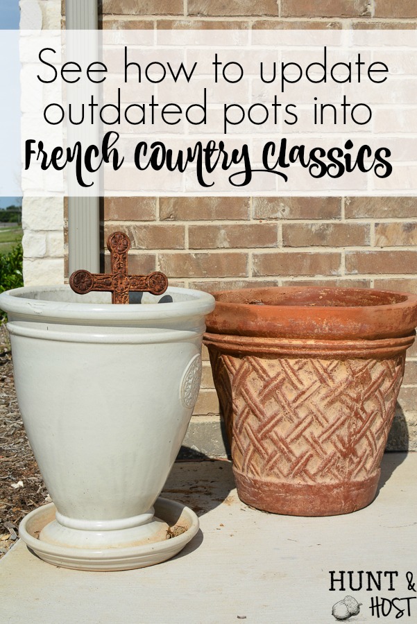 Update your outdated terra cotta pot into a French country classic. Streamline your potted patio plants or bring an outdoor potted plant inside with this easy DIY makeover to get your old pots to match your current décor. It's so much easier to update what you have rather than buy new pots! Please a great tip on how to keep clean up quick and easy!