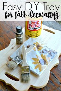 An easy DIY tray for fall decorating using paper napkins from JOANN. Create a simple fall vignette with a few pumpkins, floral stems and vintage silver to add a touch of fall cozy to your home #handmadewithjoann #ad #falldecorating #traydecorating #fallcraft #fallvignette #fallfoliage