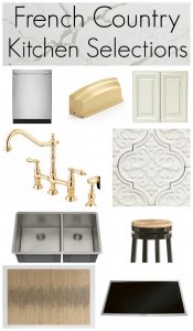 A builder grade home gets a modern French country kitchen remodel. A complete list of selections for your French Country kitchen including tile, countertops, appliances, hardware and accents plus a resource guide for sourcing great products. #frenchcountry #frenchcountrykitchen #resourceguide #kithentile #quartzcountertops #goldfaucet #cottagekitchen #buildergrademakeover #spechouseremodel