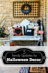 5 ideas to update your Halloween decorations to keep them trendy. Add easy personal touches to your Halloween decorating ideas to keep them current and fun! So many examples in this cute Halloween porch scene. #handmadewithjoann #halloweenporch #halloweenideas #layereddoormat #diysign #glowinthedark
