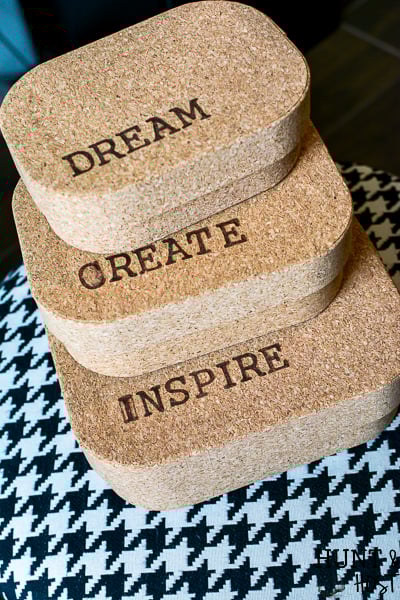 How to heat stamp cork. This easy and fun personalization tool will change your craft tool stash for sure! Cork is a versatile medium to make the cutest home decor and gift ideas. The possibilities are endless with a heat tool and hot stamp letters like this. Step by step instructions for you here! #heattool #hotstamp #corkproject #corkcraftidea #personlizedgiftideas #corkstamp #crafttool