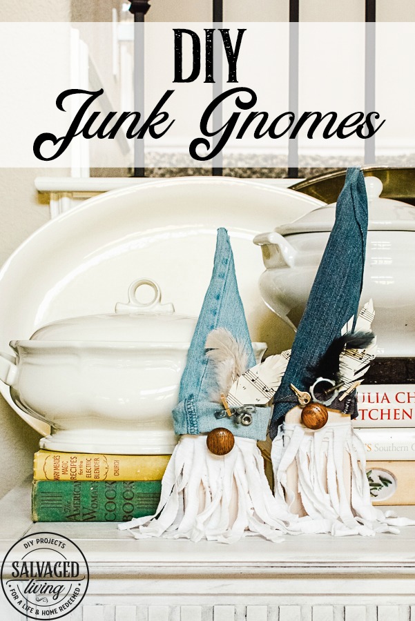 I'll show you how to make adorable DIY junk gnomes out of scrap wood, random hardware, trinkets and scrap fabric you have laying around. Have fun hiding these happy little gnomes around your home, tucked into bookshelves and cute vignettes. You could make holiday gnomes the same way too! #gnomes #junkproject #scrapwoodproject #scrapfabricidea #DIYGnomes 