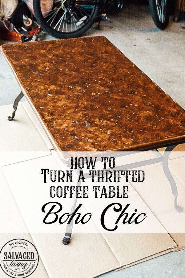 Turn a thrifted coffee table into a boho chic piece of furniture with rich moody colors perfect for any global styled vintage living room you love. This DIY furniture idea on how to use Unicorn Spit and Famowood Glaze Coat Epoxy will have you finishing furniture like a professional in no time! #bohostyle #epoxy #UnicornSpit #GlazeCoat #thriftedfurniture #furnituremakeover #furnitureidea #vintagestyle 