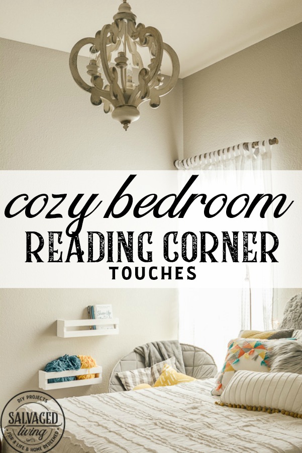 Design a cozy reading corner in your bedroom for a soft and dreamy retreat perfect for getting lost in a good book! Simple touches set the mood for this reading nook! #bookworm #readingnook #readingcorner #bedroomretreat #booknook #cozyreadingcornerforteens #DIYcurtains #bookshelf #cratefurniture