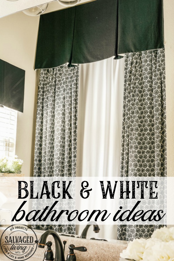 Steal some cozy black and white bathroom ideas to decorate you bathroom into a haven! The floor to ceiling shower curtain treatment and indoor window flower box are fabulous! #blackandwhitedecor #blackandwhitebathroom #teenbathroom #cozybathroomidea #showercurtainideas #DIYwindowbox #indoorwindowbox #tweengirldecorating