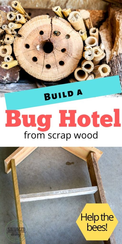 a great outdoor craft project to help the bees. Attract solitary bees with a bug hotel you can build from scrap wood. Great spring and summer project to do with kids. This bug house adds charm to your outdoor decor and is great for the environment! #outdoorcraft #gardencraft #scrapwoodproject #bughotel