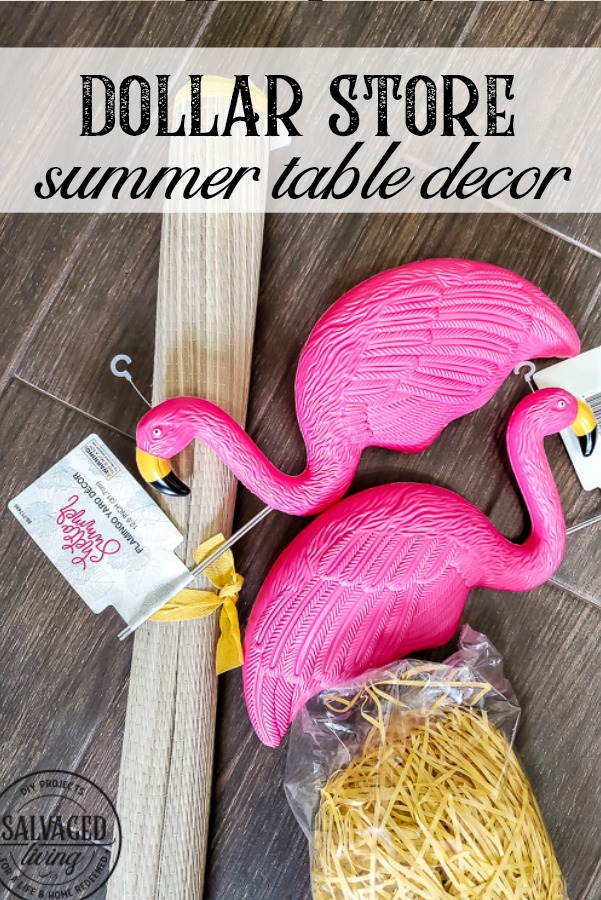 Good, cheap table decor for summer from the dollar store! Nothing beats a cute flamingo centerpiece and dollar store decor accents for an inexpensive kickoff to the summertime. See these creative DIY summer table ideas come to life from the 99 Cent Only Store! #dollartree #dollarstore #summertablescapes #summercenterpieces #simplesummer #flamingodecor #dollartreediy #flamingoparty