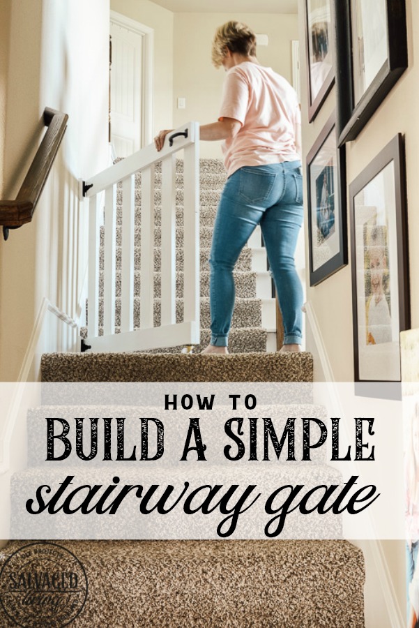 How to build a stylish stairway gate to keep pets or kids out! This easy DIY gate tutorial will look great and blend with your traditional decor. We keep our dog off the carpet with this pet gate. #petgate #stairgate #childproof #DIYpet #cleancarpet #doggate #petgatediy #petgateforstairs 