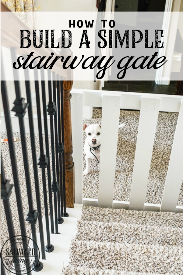 How to build a stylish stairway gate to keep pets or kids out! This easy DIY gate tutorial will look great and blend with your traditional decor. We keep our dog off the carpet with this pet gate. #petgate #stairgate #childproof #DIYpet #cleancarpet #doggate #petgatediy #petgateforstairs