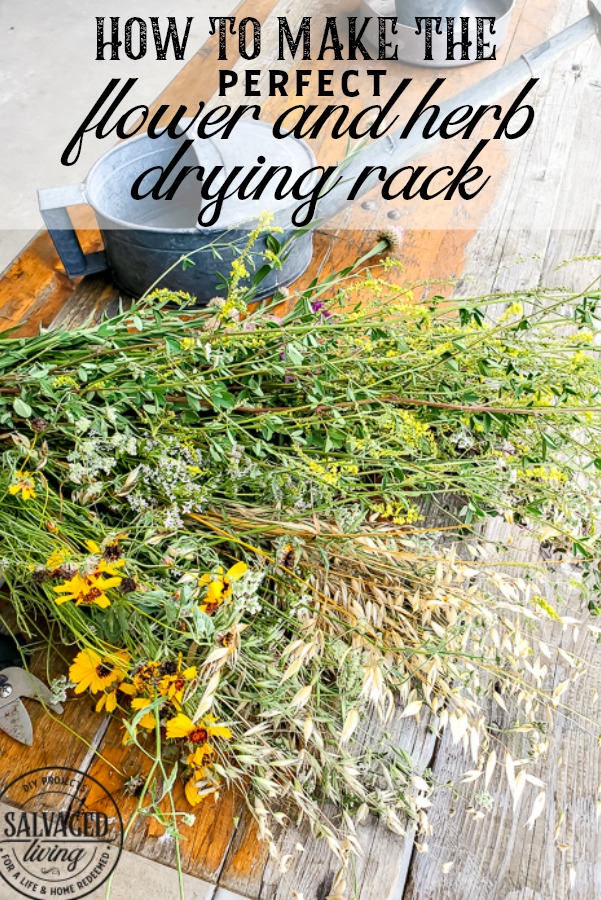 The perfect plant drying rack for your patio. If you want a French country feel on your porch then a vintage baby mattress spring is the best idea! Maybe you can even use it for a herb drying rack if you are a foodie! #herbdryingrack #diydryingrack #wildflowers #herbdrying #cozyporch #porchquilt