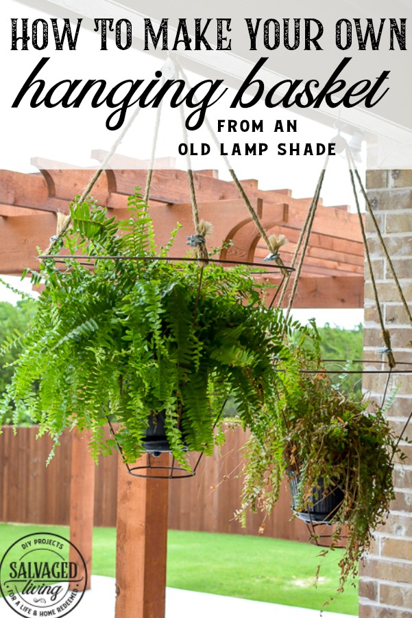 Looking for an unusual outdoor hanging basket for your favorite patio plants? This vintage lampshade makes the perfect hanging basket and is a simple upcycle for your porch. #outdoorhangingbasket #porchideas #plantlady #DIYpatiodecor #lampshademakeover #vintagelampshade #diylampshadeideas