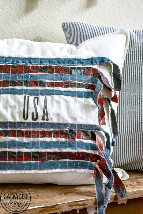 This decorative DIY patriotic pillow cover is perfect for your summer decor, plus it's perfect for a quick seasonal pillow change on a budget.  #easyDIYpillows #decorativepillows #fourthofjulypillow #4thofjulydecorations #scrapfabricproject #patrioticdecor