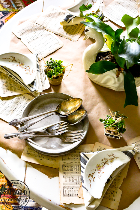 Mix vintage and dollar store finds for the perfect garden tablescape, feel like you are dining at a gorgeous garden party every night and it's inexpensive! #dollarstorediy #dollarstoretable #99centstoreDIY #99centstore #99centstoredecor #vintagegarden #vintagetablesetting #swandecor