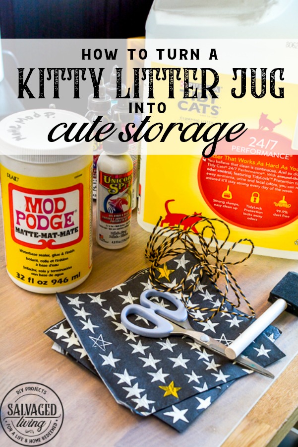 Have a plastic jug you want to recycle for storage? This easy kitty litter jug upcycle makes for cute storage in minutes. A great craft idea for kids , your craft room or pantry! #plasticjug #upcycle #organizationidea #easystorage #cutestorage #napkindecoupage #modpodge 