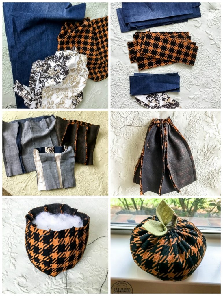 If you've ever wondered how to make easy fabric pumpkins this is the post for you! I am going to show you three ways to make fall pumpkins for your home decor, including a no sew fabric pumpkin tutorial! Your house can be full of farmhouse stuffed pumpkins on a budget. #diypumpkins #fallhomedecor #fallcraftidea #nosewpumpkin #diypumpkinpattern #shabbychicpumpkin #pumpkintutorial #cozyfallhome