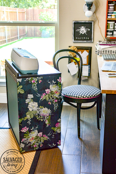 How to dress up your painted furniture with florals. Floral furniture is a beautiful trend right now and this DIY floral application is quick and easy. I'll walk you through how to update your own vintage furniture with a fun floral accent. This craft cart is sure to give you inspiration. #diypaintedfurniture #floralfurniture #beforeandafter #updatefurnitureideas #paintsprayer #paintsprayerprojects