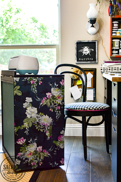 How to dress up your painted furniture with florals. Floral furniture is a beautiful trend right now and this DIY floral application is quick and easy. I'll walk you through how to update your own vintage furniture with a fun floral accent. This craft cart is sure to give you inspiration. #diypaintedfurniture #floralfurniture #beforeandafter #updatefurnitureideas #paintsprayer #paintsprayerprojects