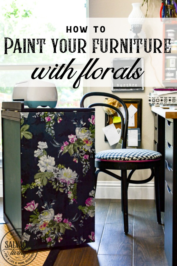 How to dress up your painted furniture with florals. Floral furniture is a beautiful trend right now and this DIY floral application is quick and easy. I'll walk you through how to update your own vintage furniture with a fun floral accent. This craft cart is sure to give you inspiration. #diypaintedfurniture #floralfurniture #beforeandafter #updatefurnitureideas #paintsprayer #paintsprayerprojects