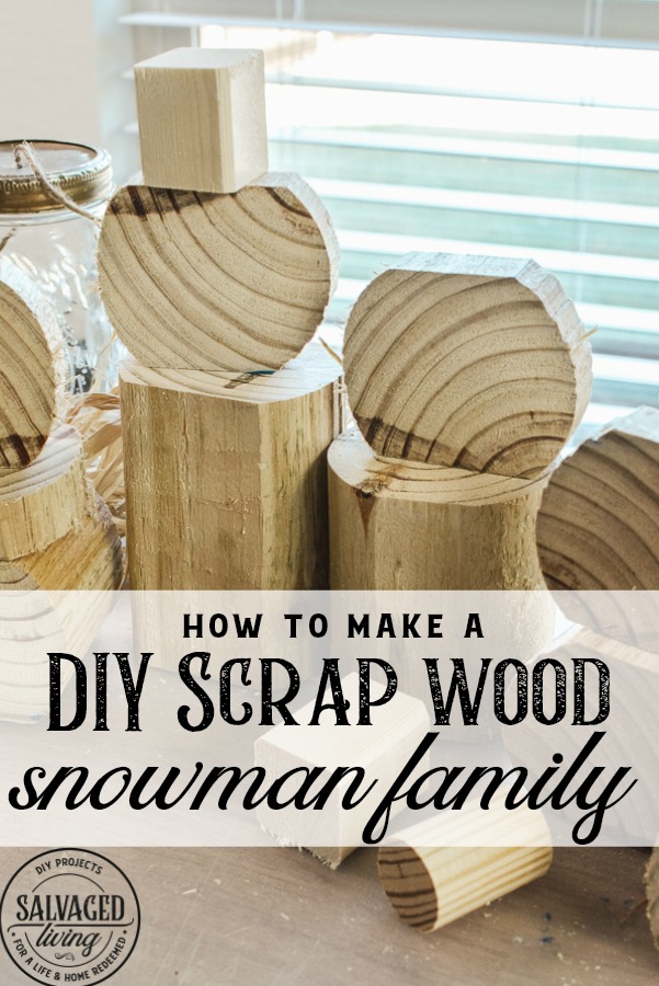 Learn how to make a cheap and easy DIY scrap wood snowmen family. The perfect Christmas decoration or gift idea for a family. This easy snowman craft lets you personalize each snowman face and outfit with junk art from your house! #holidaydecor #handandeChristmas ##snowmancrafts #woodensnowmen #farmhouseChristmas