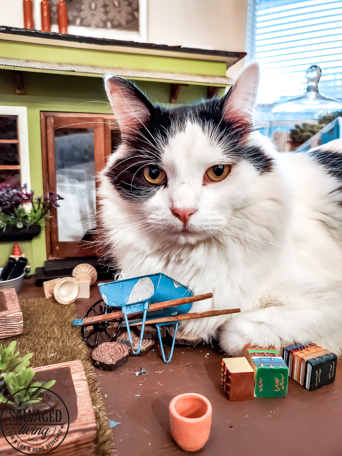 Tour a miniature vintage garden shop dollhouse for great ideas for your own dollhouse decor. See how to make a cozy home, lush garden and outdoor miniature yard! COmplete with garden gnomes, miniature potted plants and sitting areas. #dollhouse #miniatures #DIYdollhouse #vintagegarden #tinydecor