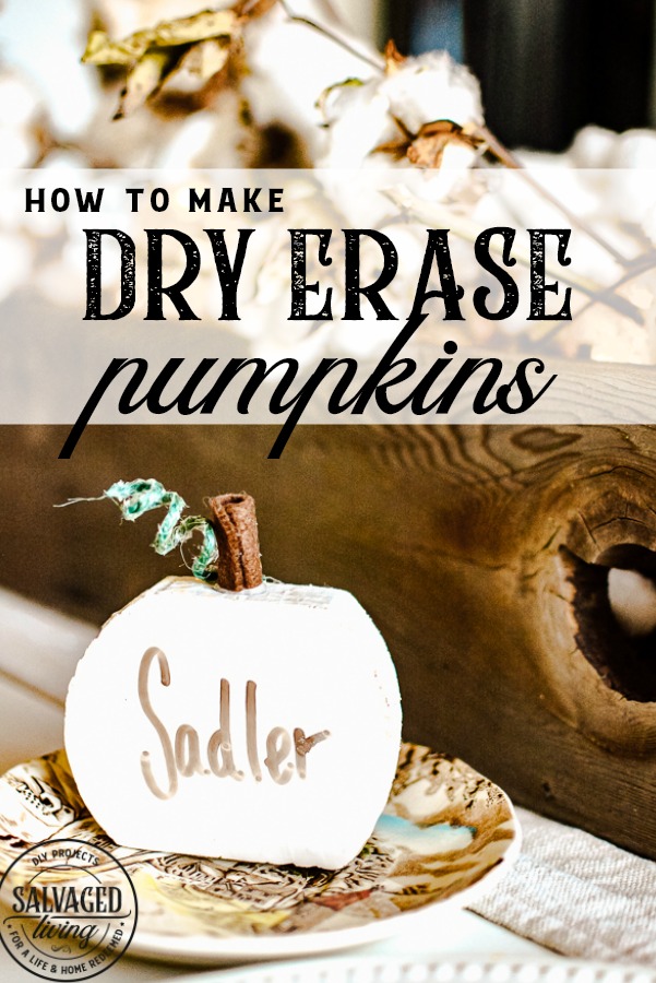 DIY dry erase pumpkins for a fall tablescape, perfect for a large Thanksgiving get together. Use these dry erase name plates over and over for neutral fall decor. #dryeraseboardideas #DIYdryerase #dryerasedecorate #falltablescape