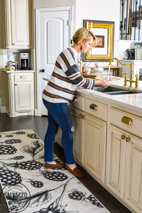 We LOVE our new machine washable rug for the kitchen. This Ruggable Rug in a berry print adds whimsical fun to our kitchen, is stain resistant and stays in place. You can see a video of how our new kitchen rug runner is the best kitchen rug for us on the blog! #kitchenrug #washablerug #affirdablerug 