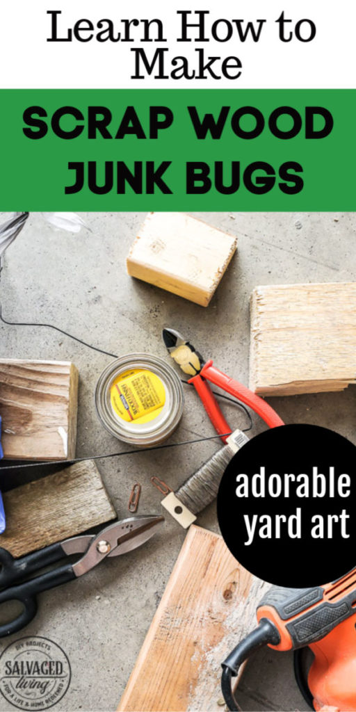 Make these small,cute scrap wood junk bugs for outdoor decor using wood scraps, wire bits and junk pieces you have stashed away. This easy afternoon DIY scrap wood project is fun to make and precious to see in your yard! #yardart #scrapwood #easyDIY smallproject