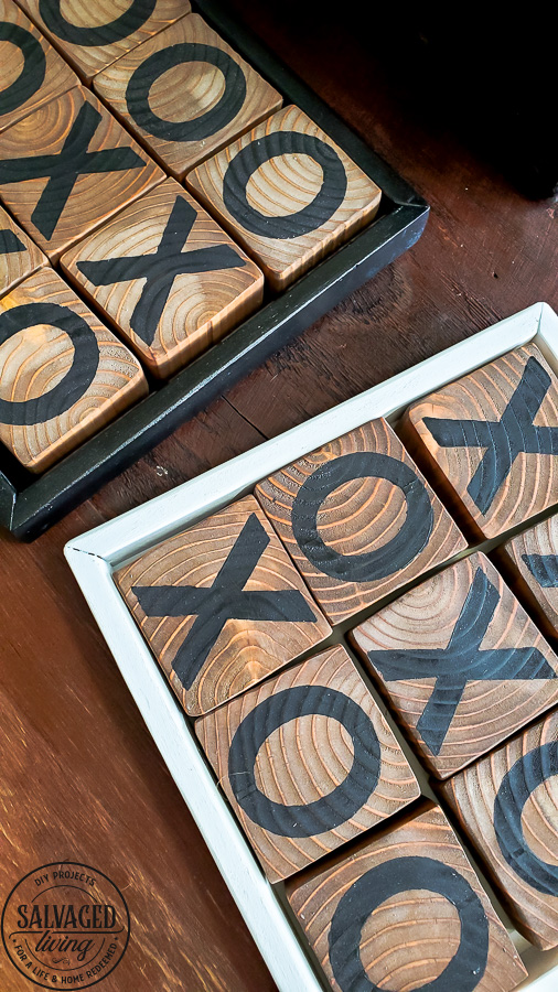 Learn how to make a DIY tic tac toe game from 4 X 4 posts that is so gorgeous you will want to display it, inside or out. This pretty tic tac toe board makes a perfect DIY gift, budget friendly! #tictactoe #woodproject #scrapwood