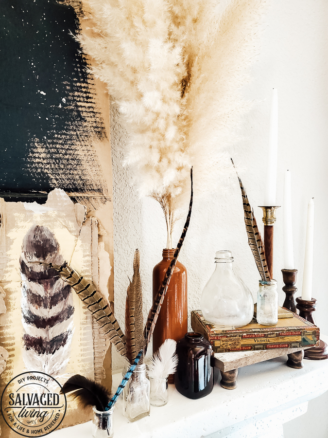 Watch this video on how to DIY paint feathers for fall using cardboard as your canvas. Get inspiring fall mantel decor ideas with this rustic fall look full of nature...feathers and pampas grass decor touches. #pampasgrass #falldecorideas #featherart 