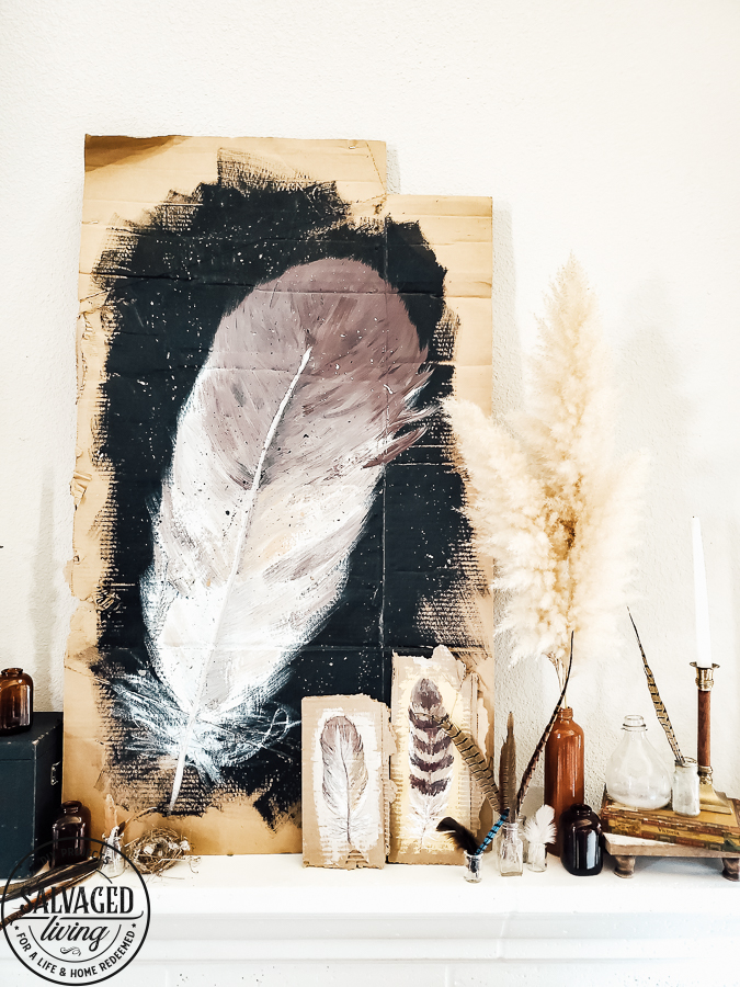 Watch this video on how to DIY paint feathers for fall using cardboard as your canvas. Get inspiring fall mantel decor ideas with this rustic fall look full of nature...feathers and Pampas Grass! #autumndecoridea #naturemantel #rusticstyleideas #modernvintagefall