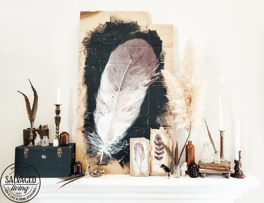 Watch this video on how to DIY paint feathers for fall using cardboard as your canvas. Get inspiring fall mantel decor ideas with this rustic fall look full of nature...feathers and Pampas Grass! #autumndecoridea #naturemantel #rusticstyleideas #modernvintagefall