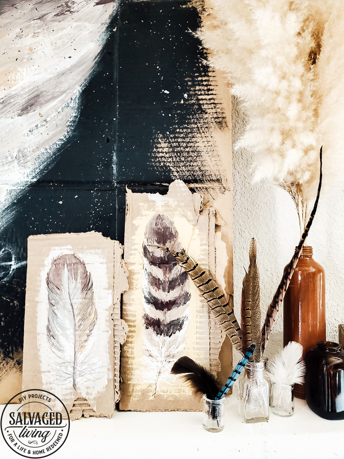 Watch this video on how to DIY paint feathers for fall using cardboard as your canvas. Get inspiring fall mantel decor ideas with this rustic fall look full of nature...feathers and pampas grass decor touches. #pampasgrass #falldecorideas #featherart 