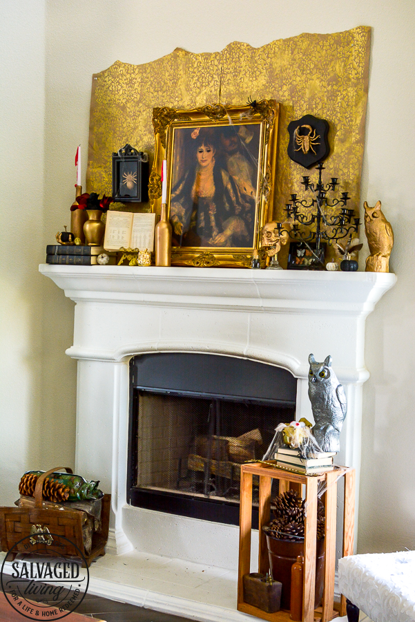 welcome to the Haunted Midas Mansion. These easy DIY Halloween mantel decoration ideas will inspire you to create an elegant Halloween home decor aesthetic that is a little bit vintage, kind of spooky and tons of fun. #indoorHalloween #Halloweendecorating #goldHalloweendecor 