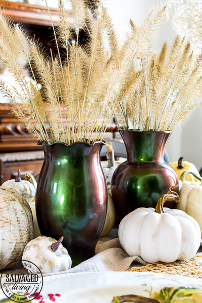 Are you wondering what to do with the floral glass vases you have hidden in your cabinet? Try this thrift store glass vase makeover. This DIY tutorial is easy and beautiful for a DIY glass vase centerpiece idea, great for fall decorating on a budget and creating home decor you can repurpose year round. #colorchange #thriftstoremakeover #glassvaseidea #glassmakeoverDIY 