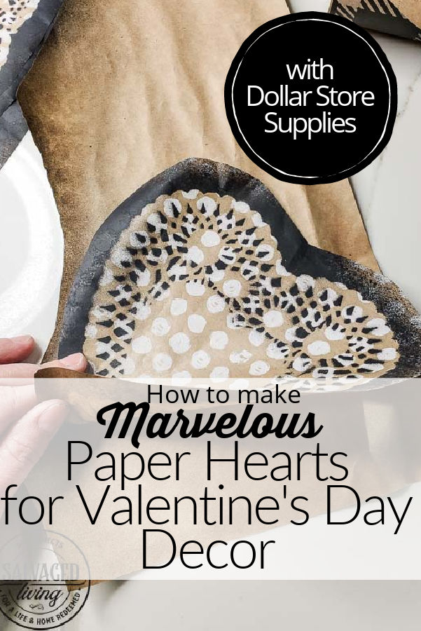 Learn how to make gorgeous giant paper hearts for Valentine's Day decorating on repurposed spindle stands. This dollar store craft is perfect for a farmhouse Valentine theme. #vintageValentine #upcycledprojectidea #spindle #papercraft #stencilart #valentinesdaymantel