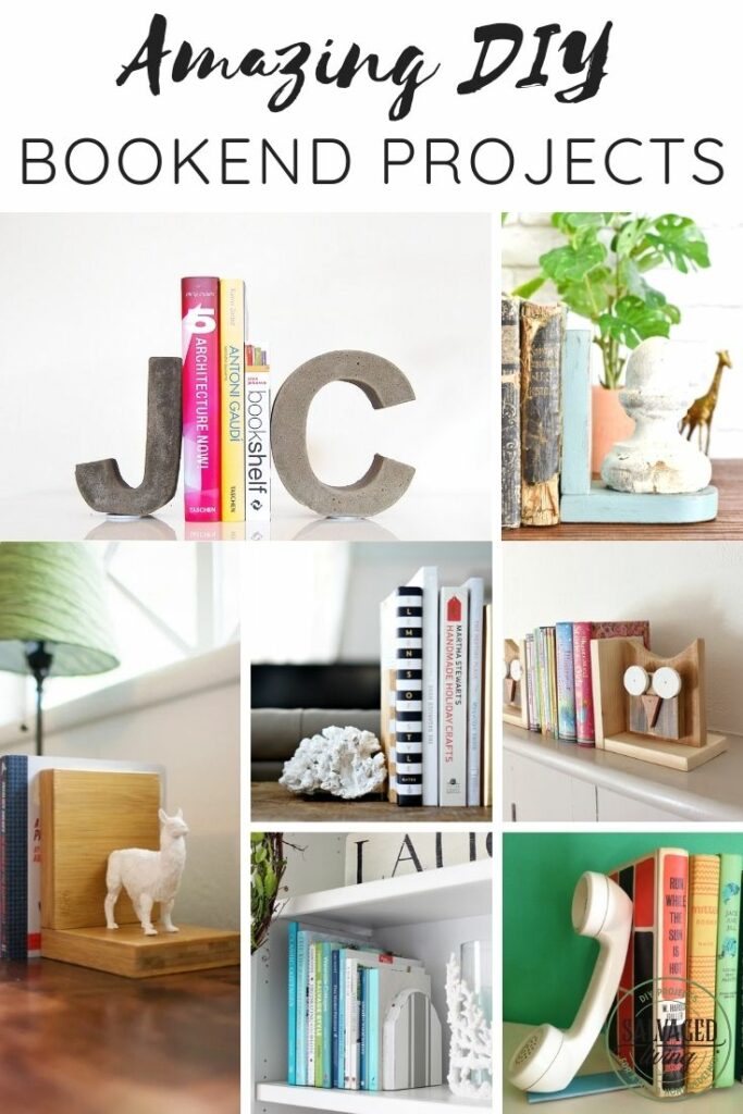 collage of 7 diy bookend projects with text overlay