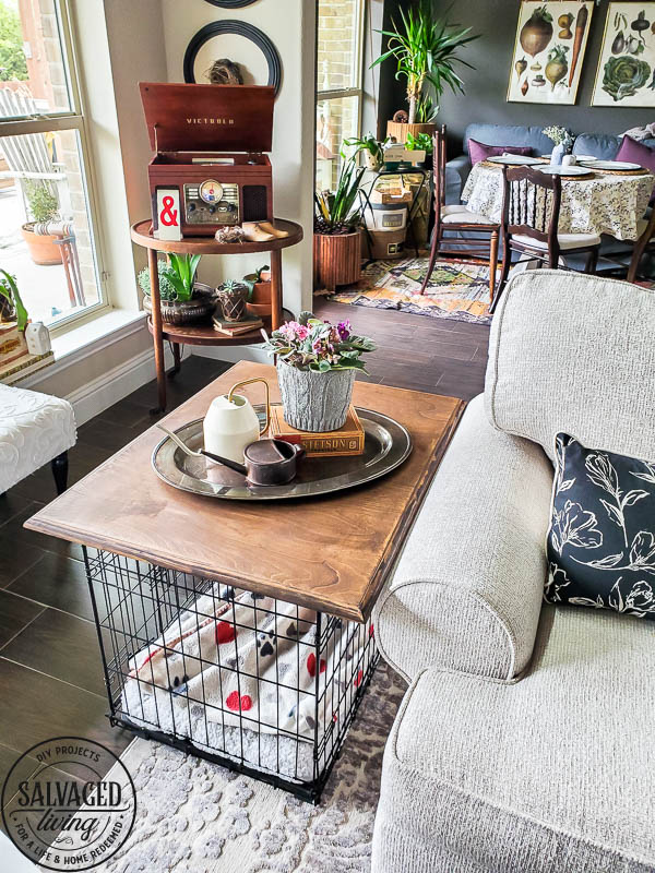 Learn how to build a tabletop for your dog crate or kennel and make an eyesore of a pet product into pretty pet furniture! #stylishpetdecor #petideas #dogcrate #dogkennelfurniture