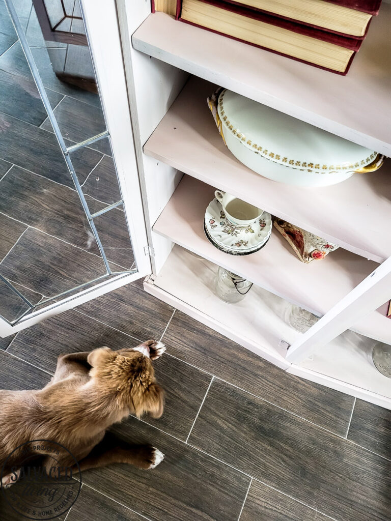 An old antique cabinet gets a transformation makeover with ease, Rust-Oleum's Chalk Finish Spray Paint in Blush Pink adds a soft and sweet touch to my home! See how easy this furniture makeover is with this easy to use spray chalk paint, it makes furniture painting a breeze. #rustoleum #rustoleumimagine #chalkspray #upcycled #upcycledfurniture #sponsored