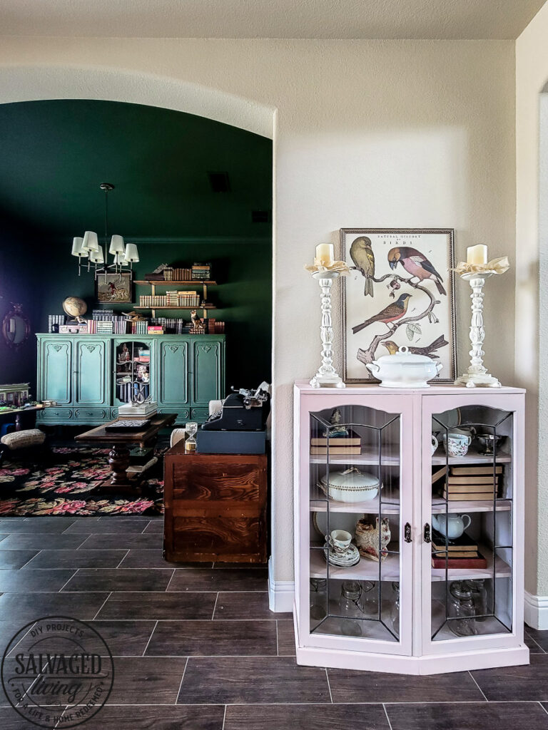 An old antique cabinet gets a transformation makeover with ease, Rust-Oleum's Chalk Finish Spray Paint in Blush Pink adds a soft and sweet touch to my home! See how easy this furniture makeover is with this easy to use spray chalk paint, it makes furniture painting a breeze. #rustoleum #rustoleumimagine #chalkspray #upcycled #upcycledfurniture #sponsored