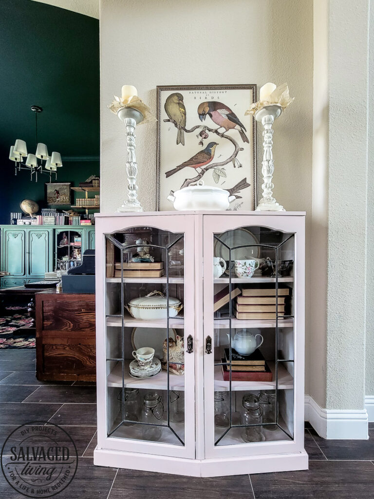 An old antique cabinet gets a transformation makeover with ease, Rust-Oleum's Chalk Finish Spray Paint in Blush Pink adds a soft and sweet touch to my home! See how easy this furniture makeover is with this easy to use spray chalk paint, it makes furniture painting a breeze. #rustoleum #rustoleumimagine #chalkspray #upcycled #upcycledfurniture #sponsored